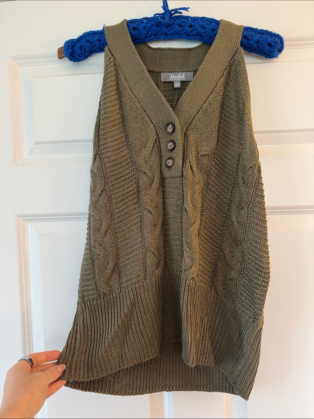 Marled Olive Green Cable Knit V-Neck Sleeveless Sweater